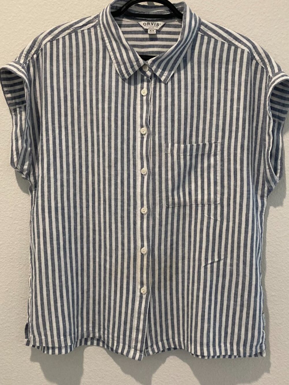 Orvis Blue White Striped Linen Blend Button Down Shirt - Size M Cap Sleeve